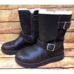 UGG Breida Brown Leather Waterproof Sheepskin Vibram Sole Boots Womens 6 /37 (h7
